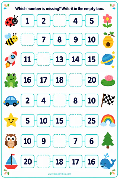 Free Grade 1 missing number patterns worksheet preview